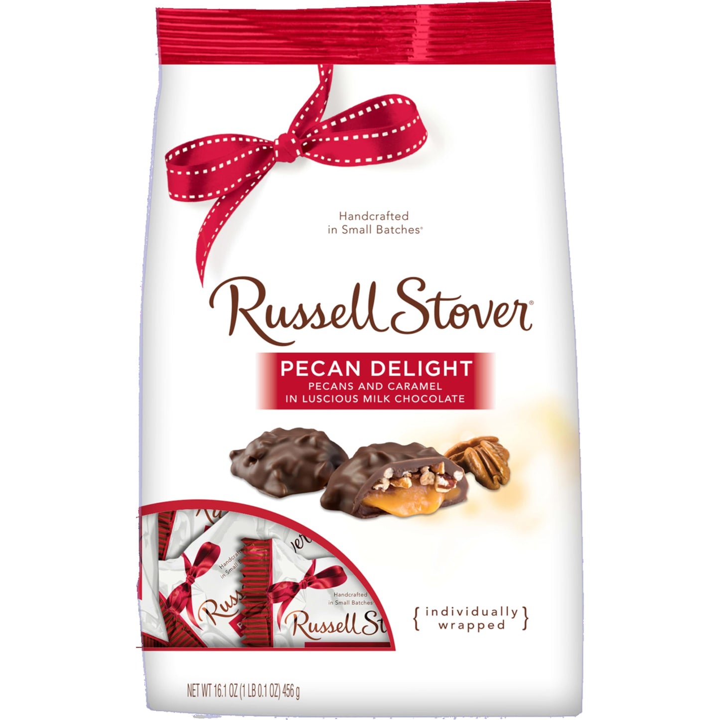 Russell Stover Pecan Delight Gusset Bag 16.10 Ounce Russel Stover Milk Chocolate Covered Candy Pack, Crunchy Pecans and Buttery 