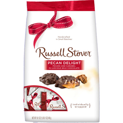 Russell Stover Pecan Delight Gusset Bag 16.10 Ounce Russel Stover Milk Chocolate Covered Candy Pack, Crunchy Pecans and Buttery 