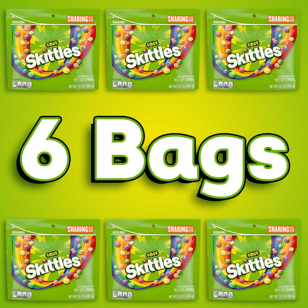 Skittles Sour Chewy Candy Bulk Pack - Share Size, 13.7 Oz Bags (Pack Of 6), Tangy Fruit Flavors (Sour Strawberry, Lime, Lemon, O