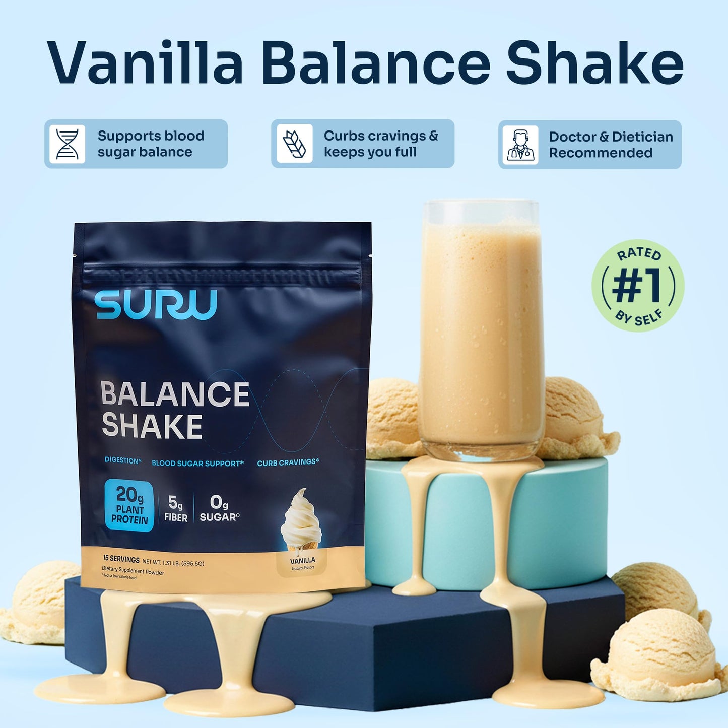 Suru Balance Shake for Blood Sugar Support - Low Glycemic, 20g Plant-Based Protein, 6g Fiber, 140 Calories | GLP-1 Support | Nut