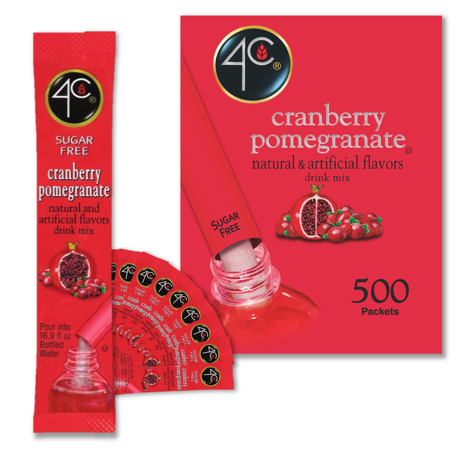 4C Powder Drink Stix, Cranberry Pomegranate 500 Count, Bulk Buy, Singles Stix, On the Go, Refreshing Water Flavorings, Value Pac