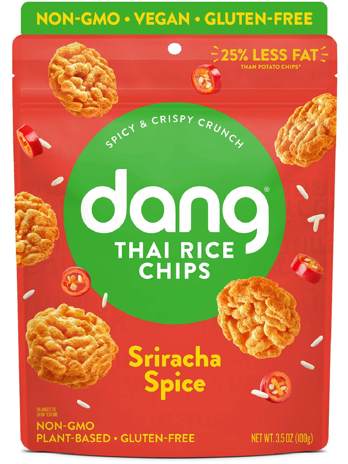 Dang Sticky Rice Chips | Sriracha Spice | 12 Pack | Vegan, Gluten Free, Non GMO Rice Crisps, Healthy Snacks Made with Whole Food