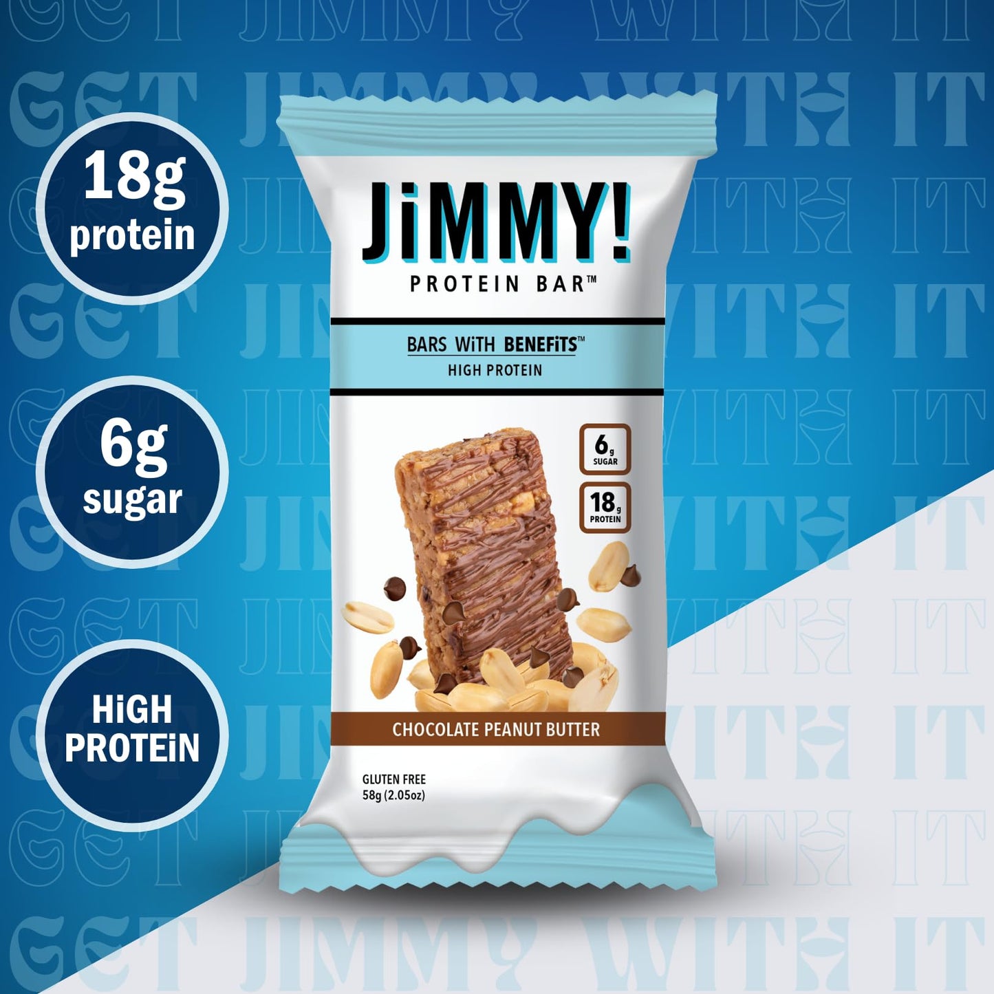 Jimmybar! Chocolate Peanut Butter Protein Bars 18G Protein Bar, 6G Low Sugar - 12 Count - 58G Health Bars - Functional Snack With Real Peanuts & Hand-Drizzled Chocolate