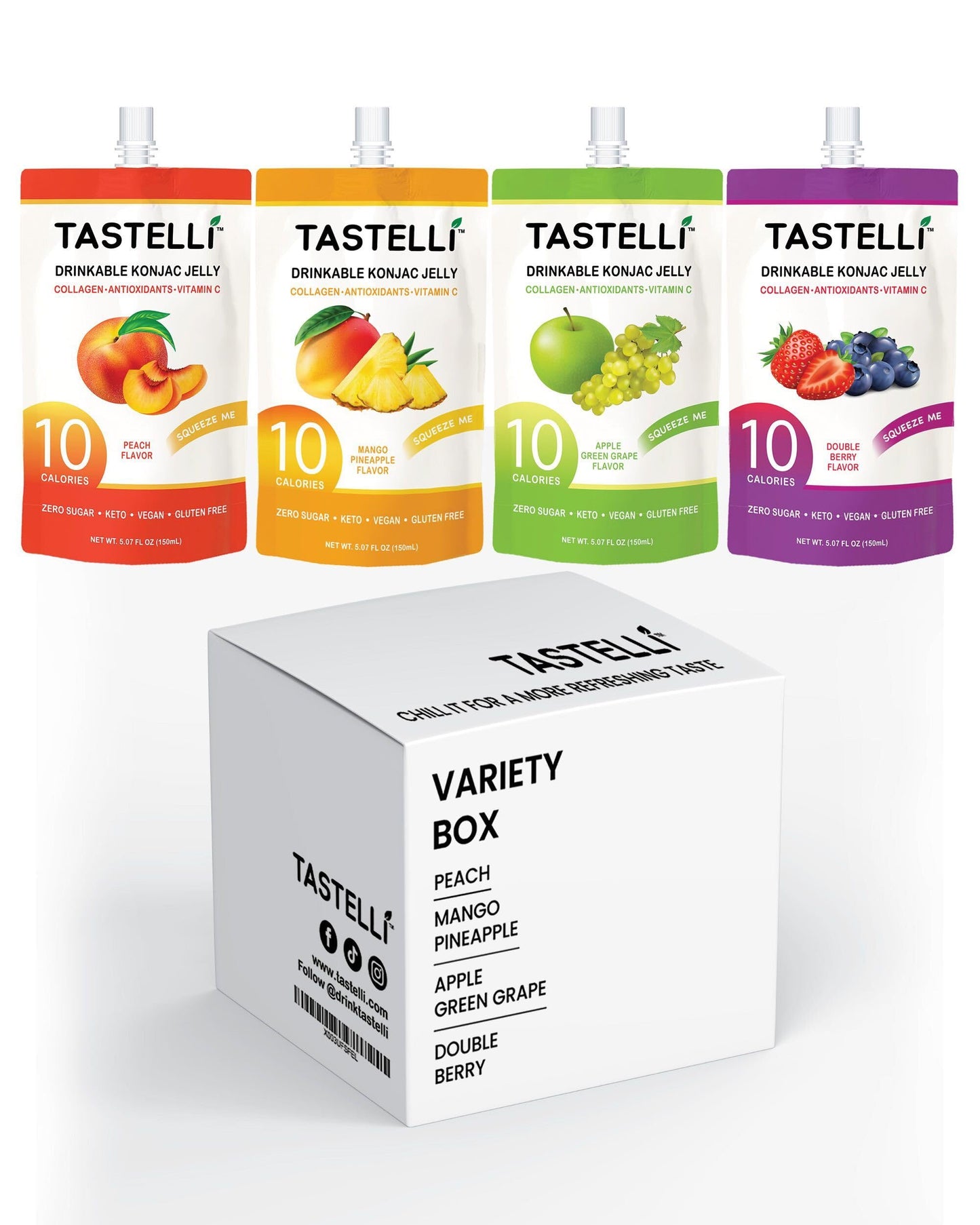 Tastelli Konjac Jelly Variety Pack - 10 Calories, Vegan, Zero Sugar, 150mL x 18 Pouches