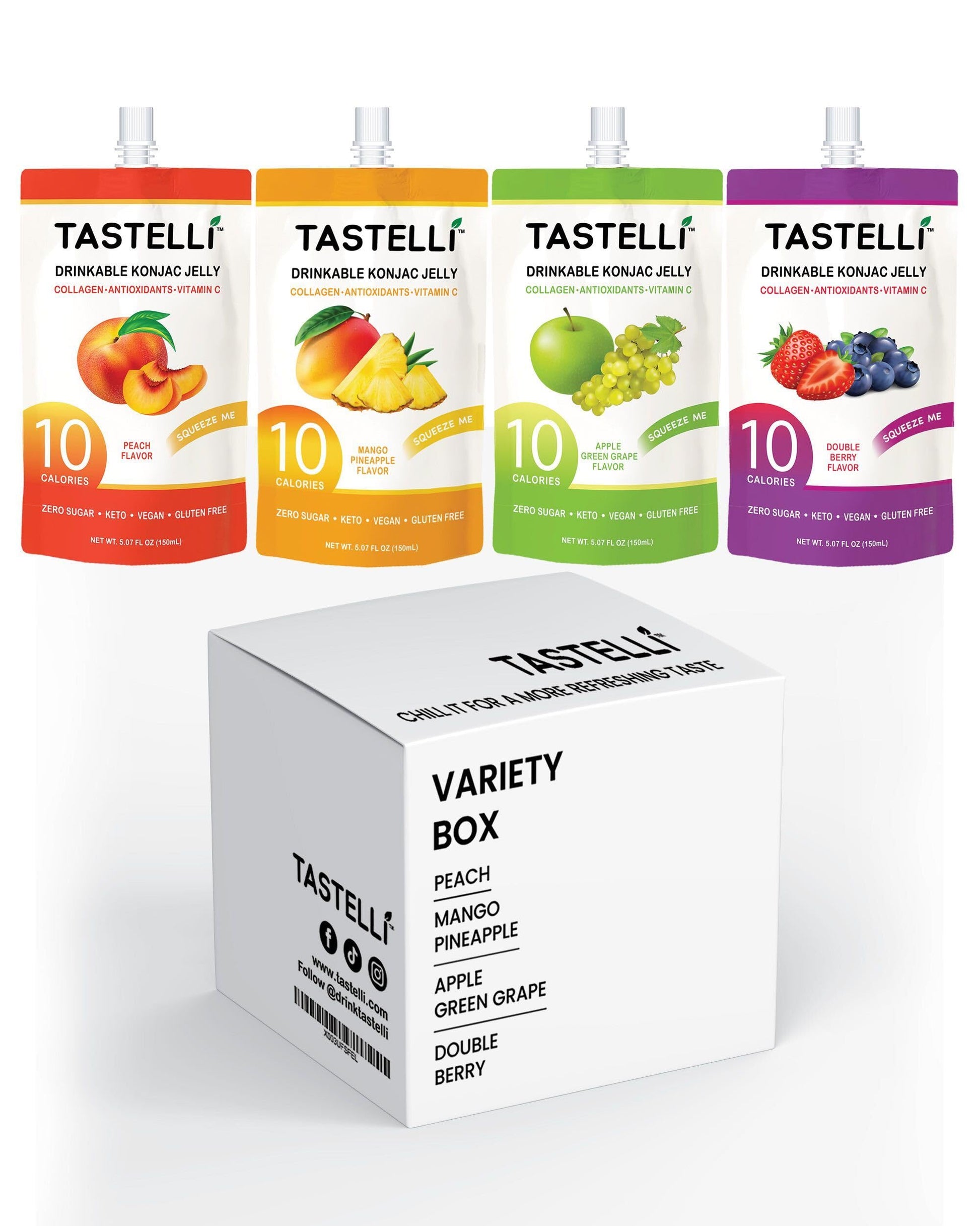 Tastelli Konjac Jelly Variety Pack - 10 Calories, Vegan, Zero Sugar, 150mL x 18 Pouches