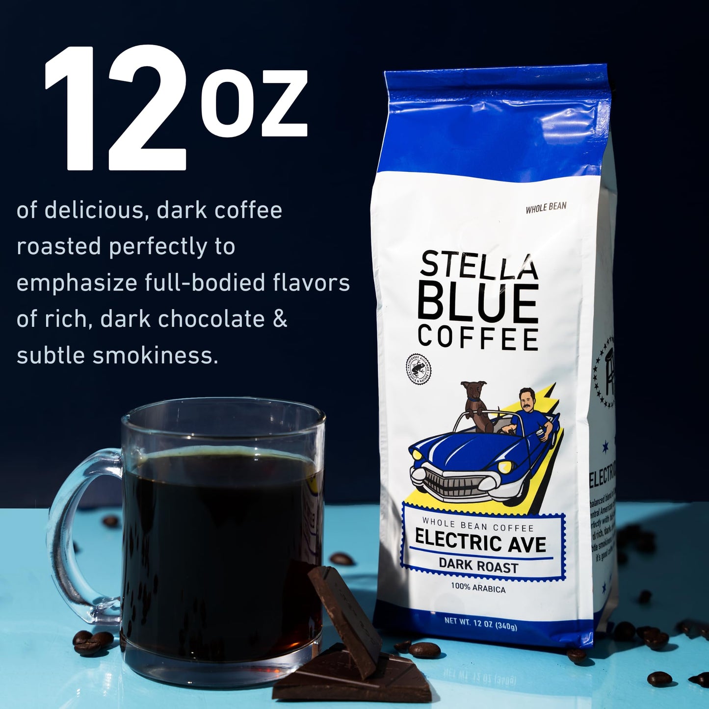 Stella Blue Fresh Whole Bean Coffee - Electric Avenue Blend - 100% Arabica Dark Roast - Ethically & Sustainably Sourced From Cen
