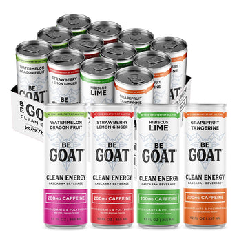 BeGOAT CLEAN Energy Drink Variety Pack - 200mg Caffeine, Non-GMO, Vegan, Gluten-Free, 12 Fl Oz, Pack of 12