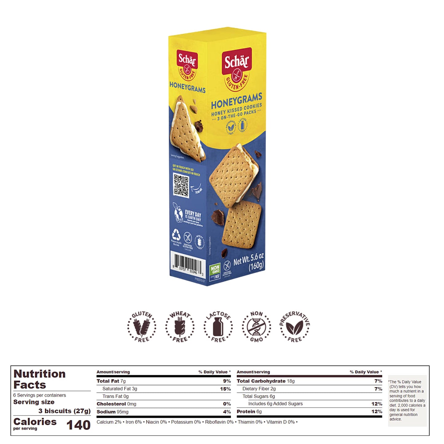 Schar - Honeygrams - Certified Gluten Free - No GMOs, Lactose, Wheat or Preservatives - (5.6 oz) 3 Pack