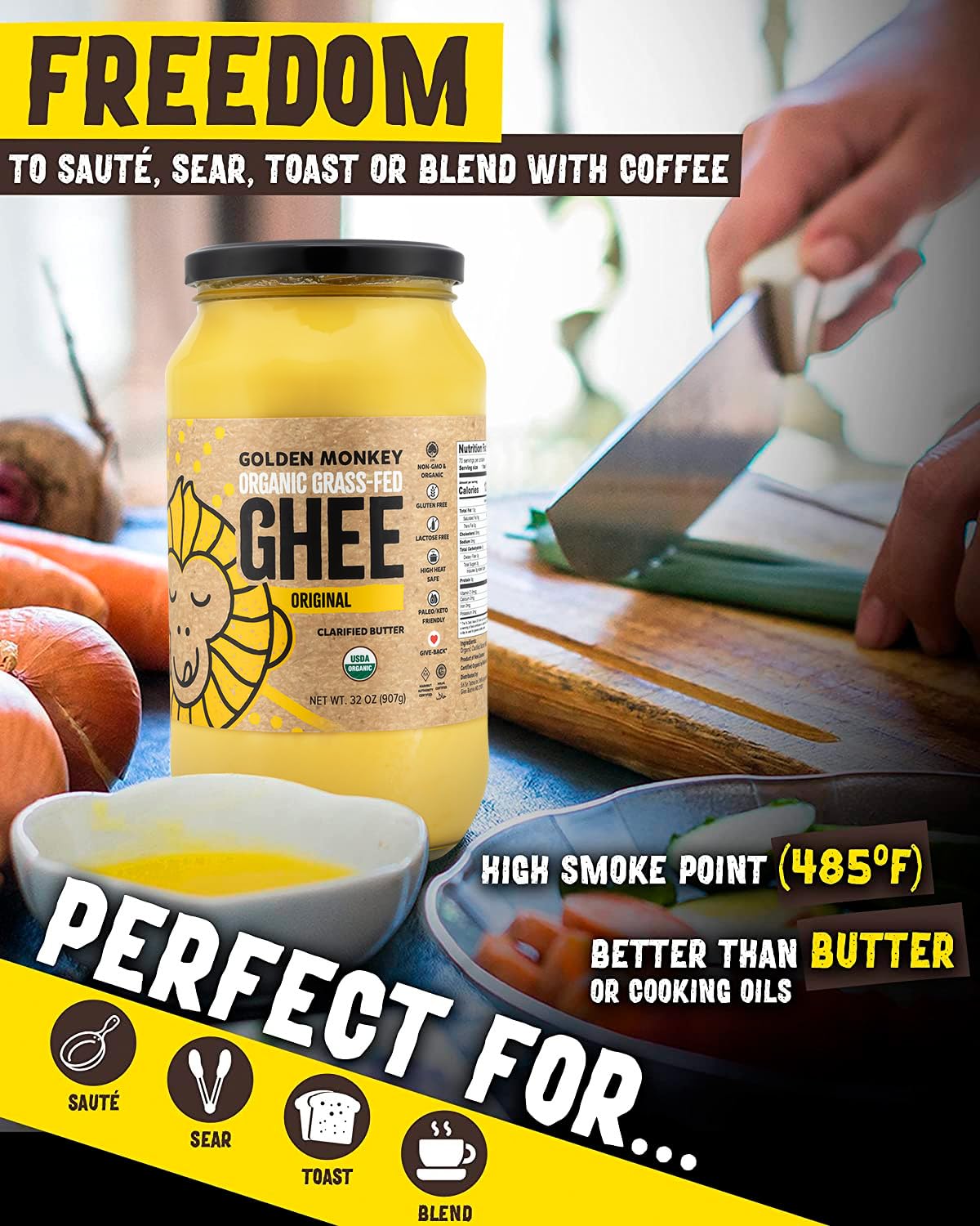 GOLDEN MONKEY Organic Ghee Butter - Grass Fed Clarified Butter for Cooking, Baking, Keto & Gut Health - Ghee Butter Organic Gras
