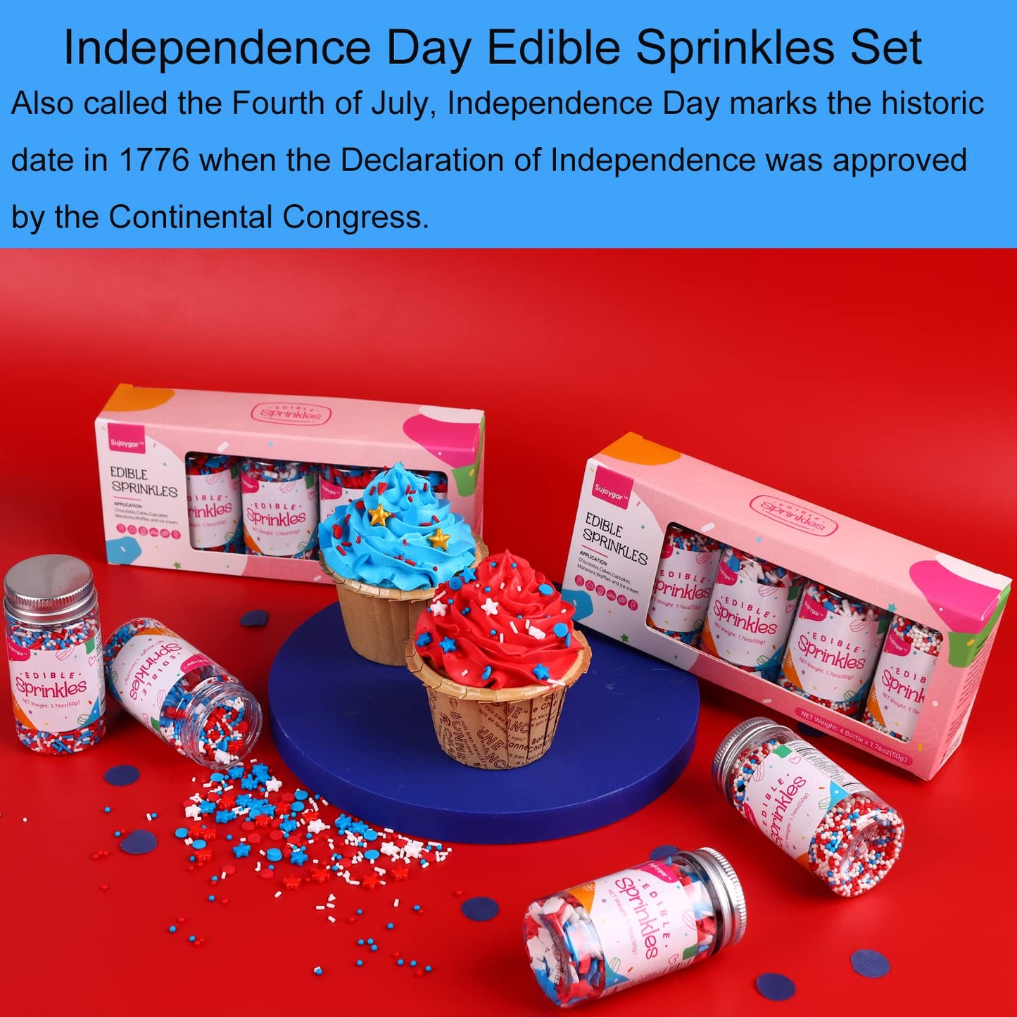 Patriotic Sprinkles Set, Food Grade 50G/Bottle, 4Th Of July, Sujoygar, Independence Day Sprinkles For Cupcake Decorating, Cookie