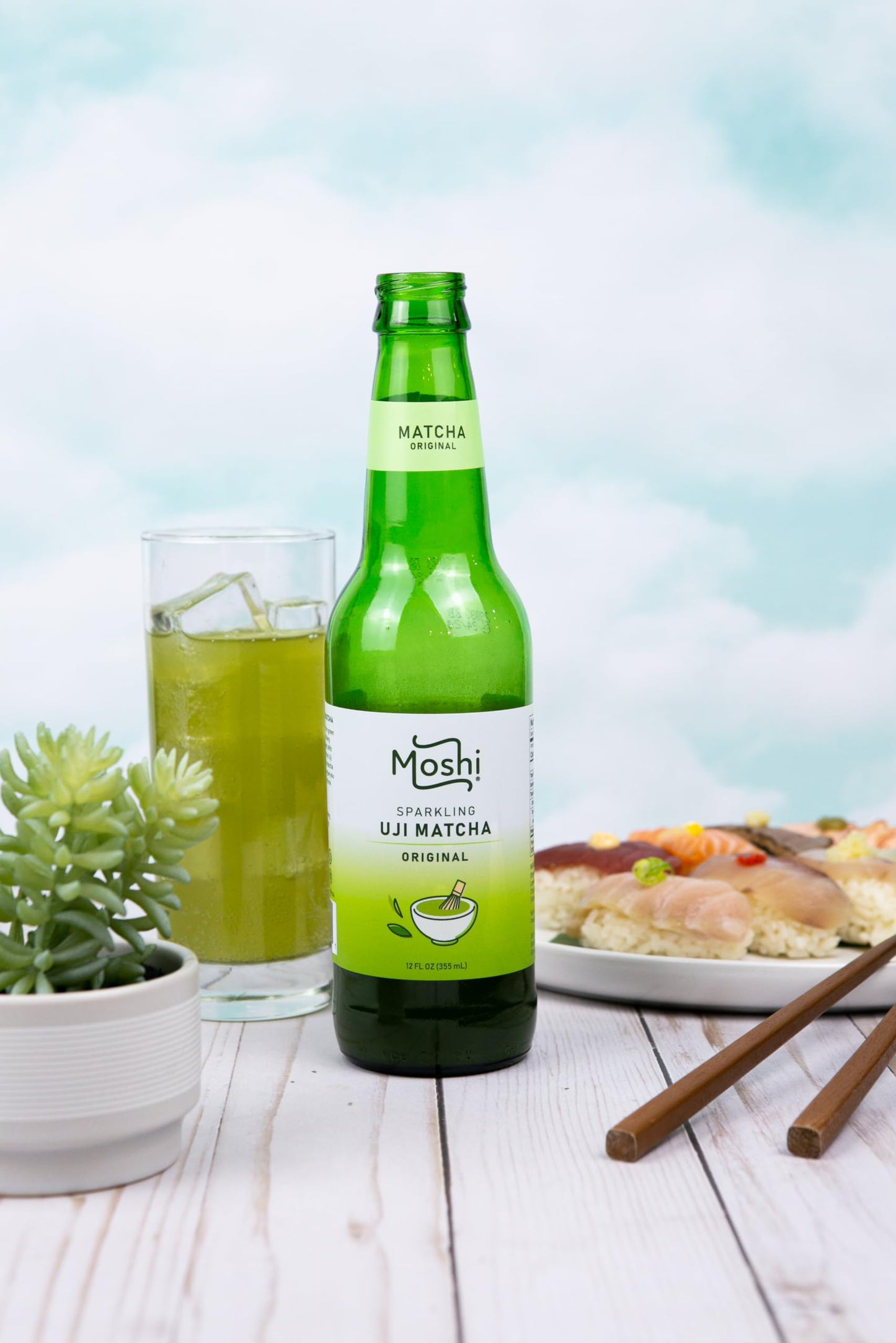 Moshi Sparkling Drinks - Original Matcha - 12 Bottles - Caffeine-Free, Refreshing Beverage