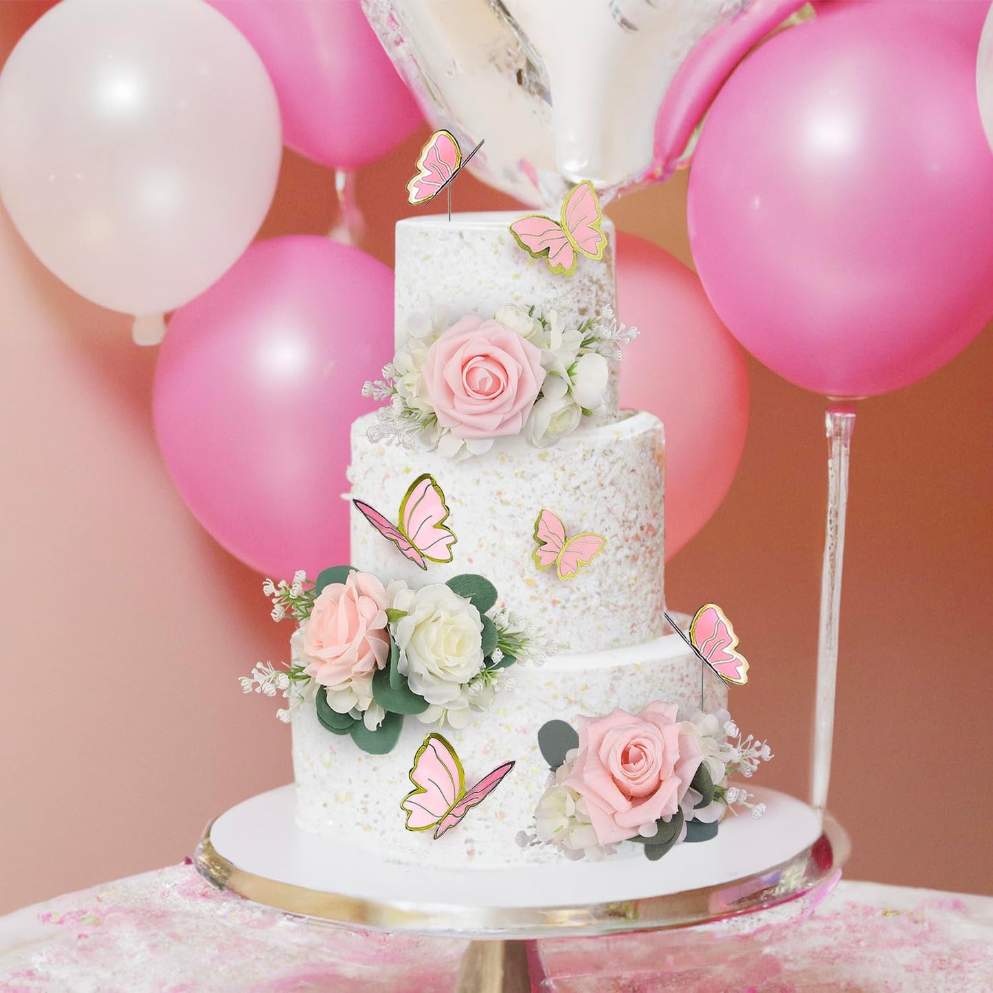 Rinlong 3Pcs Pre-Made Blush Pink Cake Flowers Decorations Flower Cake Topper Butterfly Cake Decorating Flowers For Wedding Sweet