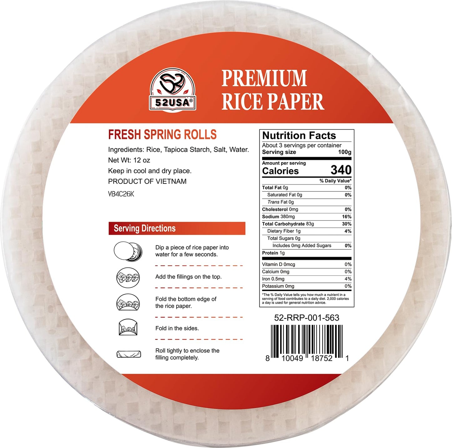 52USA Rice Paper, Gluten-Free Wonton Wrappers, Vegan, Low Carb, 34 Sheets, Round 22cm, Pack of 1