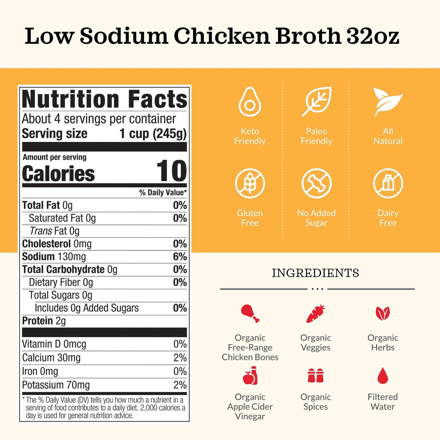 Kettle & Fire Low Sodium Chicken Broth, Organic Cooking Stock, 32 Fl Oz, Pack of 4