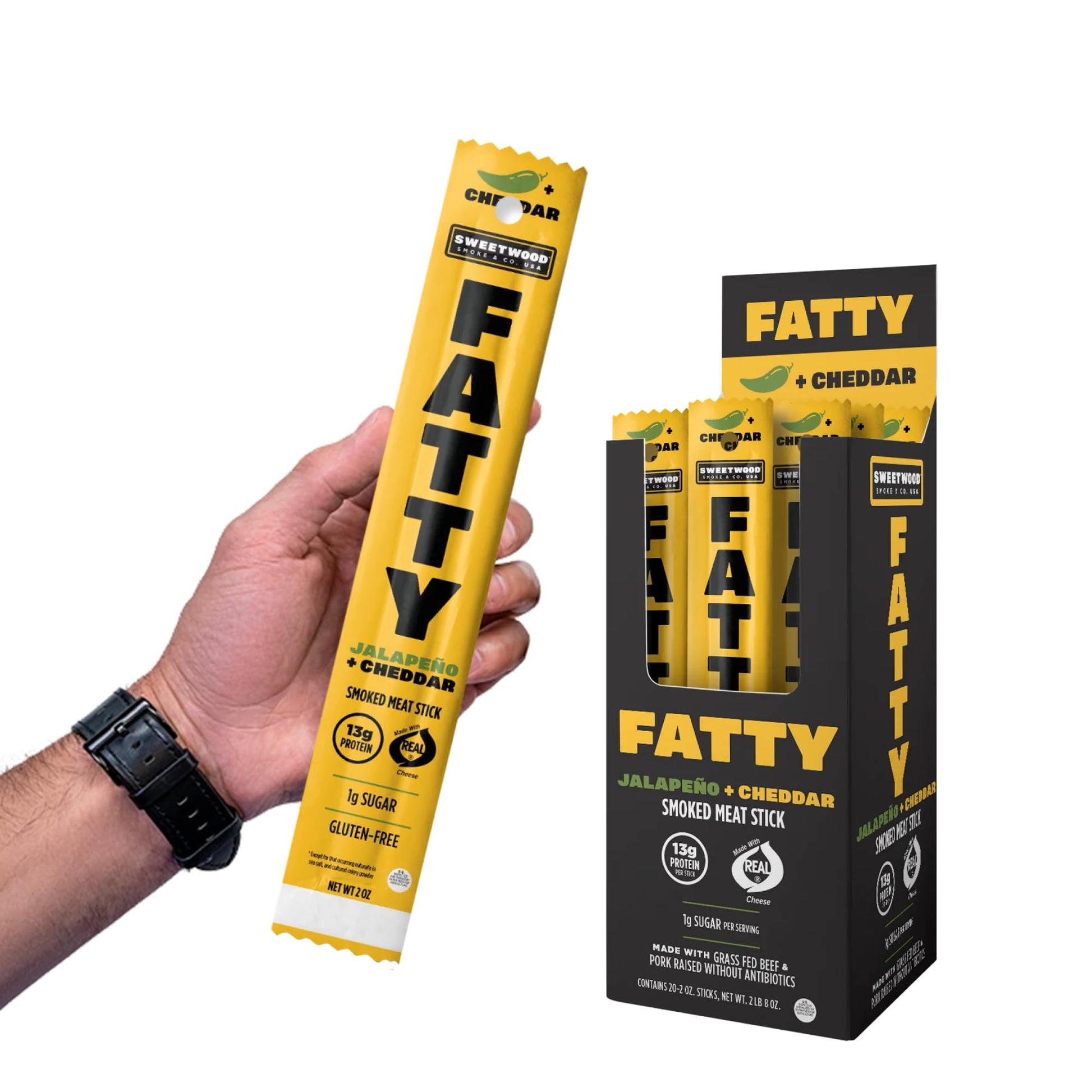 FATTY Meat Sticks  Grass-Fed Beef  High Protein Snack  Low Carb  Gluten Free  MSG Free  Nitrate Free  Jalapeno & Cheddar Flavor  2 Ounce (Pack of 20)