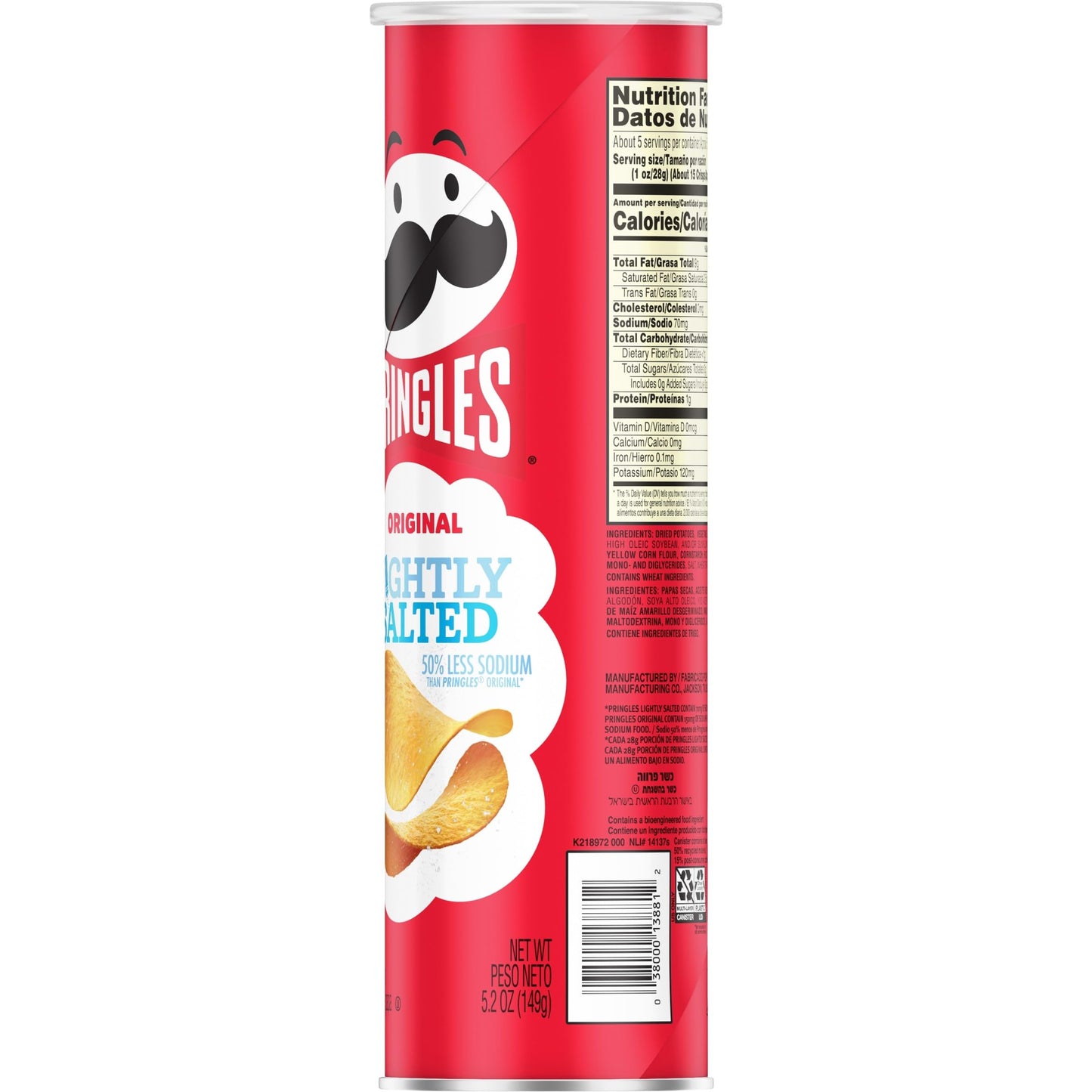 Pringles Potato Crisps Chips, Lunch Snacks, On-The-Go Snacks, Lightly Salted, 5.2oz Can (1 Can)
