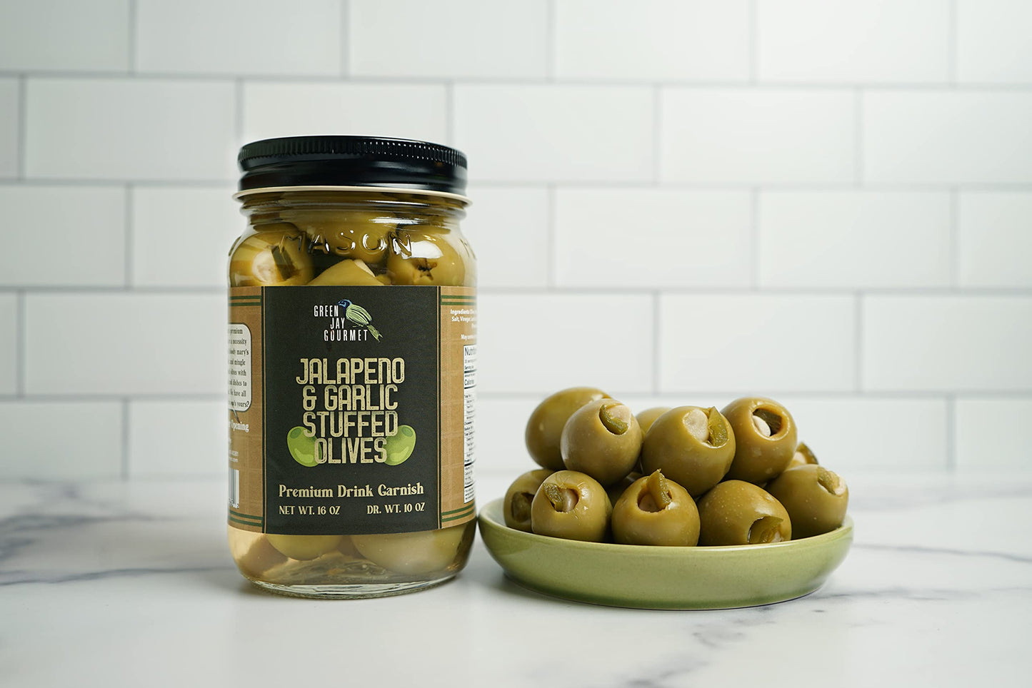 Green Jay Gourmet Double Stuffed Olives - Jalapeno & Garlic - 2 x 16 Ounces - All Natural - Perfect for Cocktails and Cheese Boards