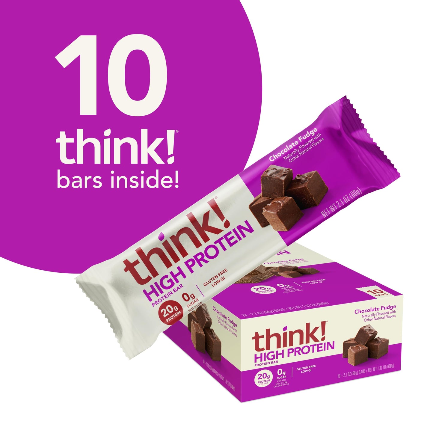 think! Protein Bars, High Protein Snacks, Gluten Free, Kosher Friendly, Chocolate Fudge, Nutrition Bars, 2.1 Oz per Bar, 10 Coun