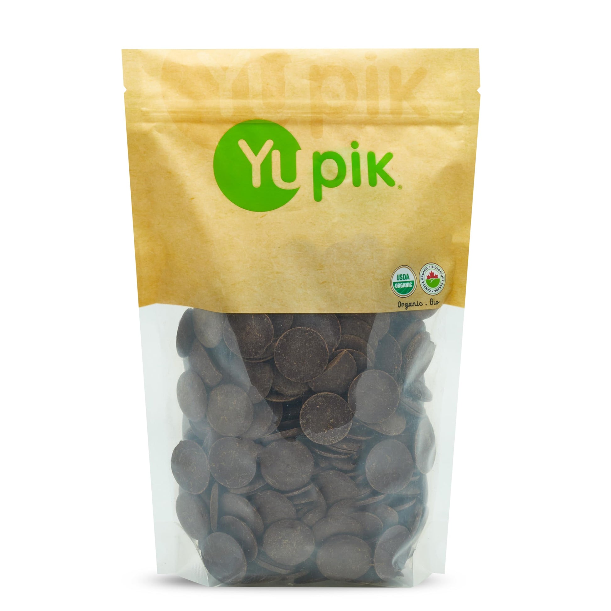 Yupik Organic Cocoa Beverage-Style Wafers  100% Cocoa  2.2 Lb (35.2 Oz)  Gluten-Free  Gmo-Free  Kosher  Vegan  Dairy-Free  No Sugar Added  Made With Pure Cacao  Melts Smoothly  For Baking  Molding & Coating