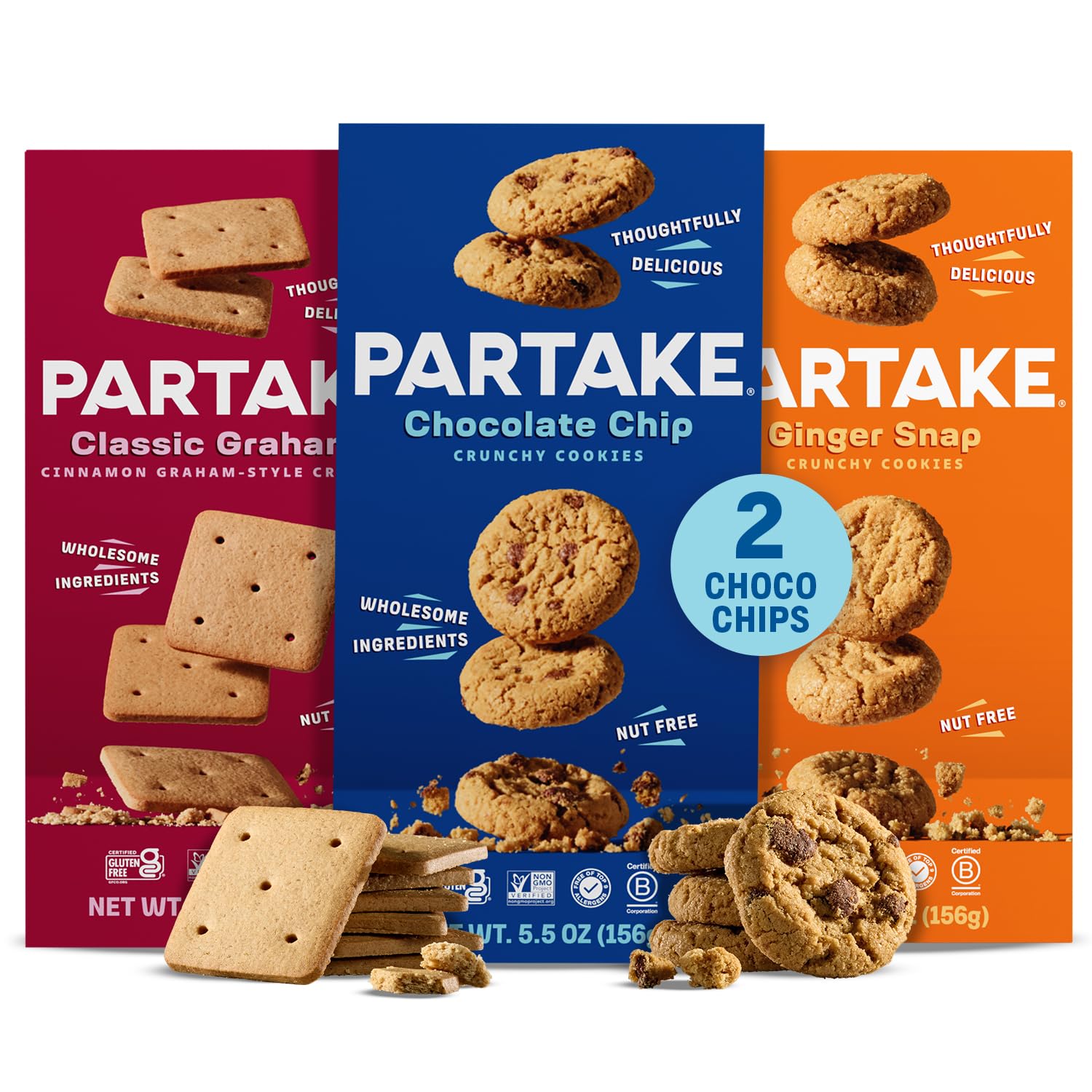 Partake Foods Gluten Free Crunchy Cookies Variety Pack (Chocolate Chip, Ginger Snap, Graham Cracker) - Vegan - Free From the Top