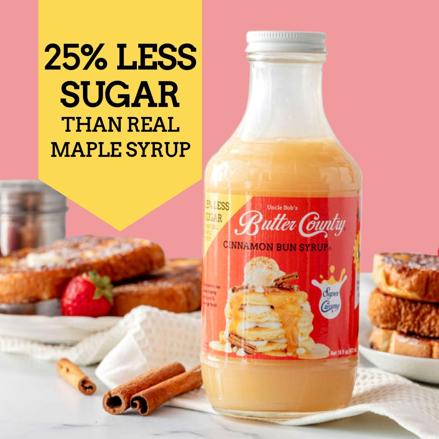 Uncle Bobs Butter Country Cinnamon Bun Buttermilk Syrup, Gluten Free, 16 fl oz Bottle