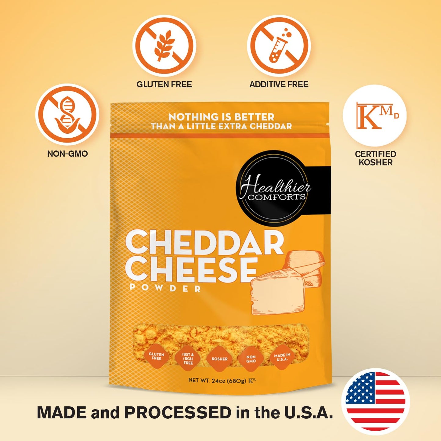 Healthier Comforts Cheddar Cheese Powder (1.5 Lb) | Premium Yellow Cheddar | Batch Tested Gluten Free, Kosher, No Artificial Dye
