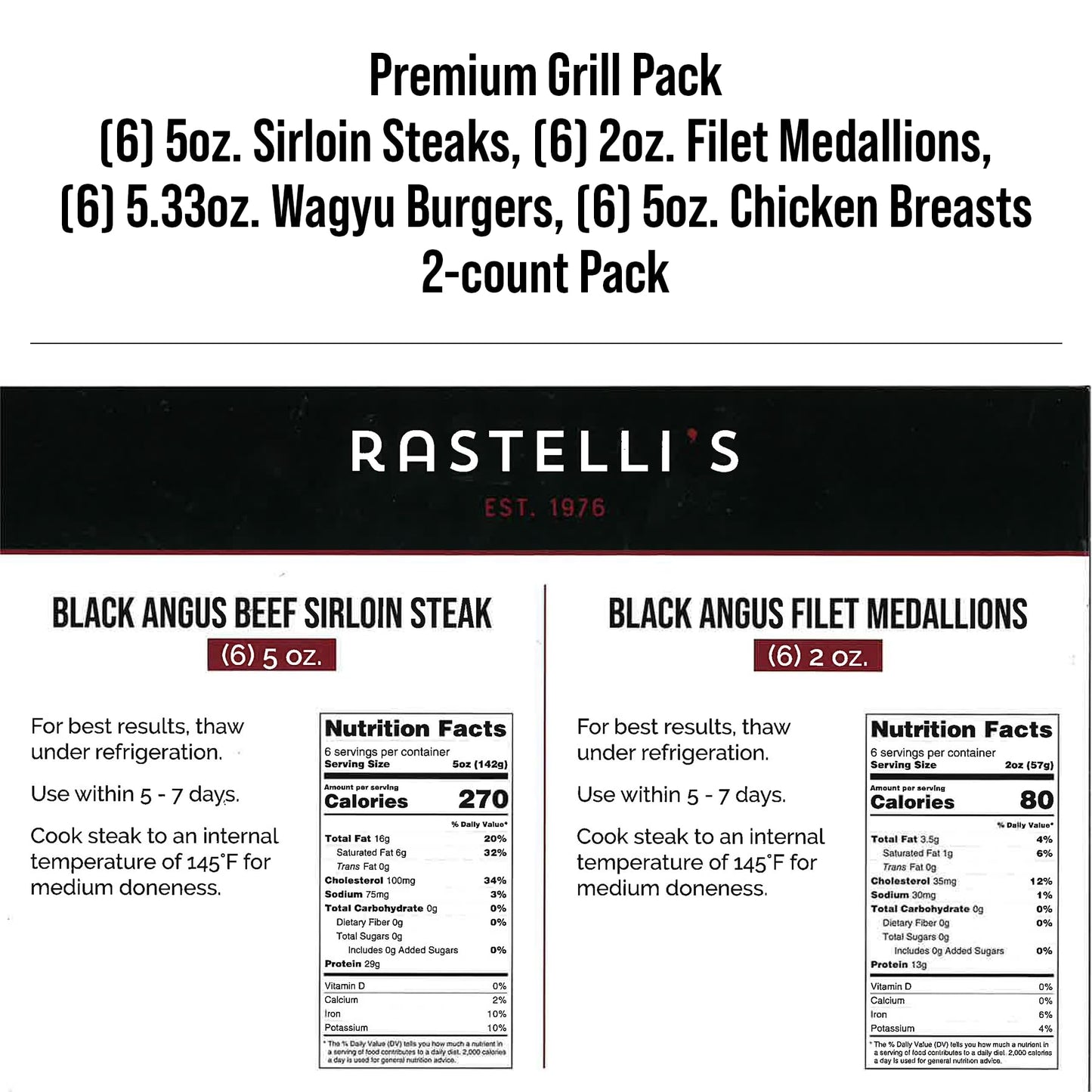 Rastellis Grilling Meat Pack - Wagyu Burgers, Sirloin Steaks, Filet Mignon, Chicken Breasts, 48 Count, 13 lbs Total
