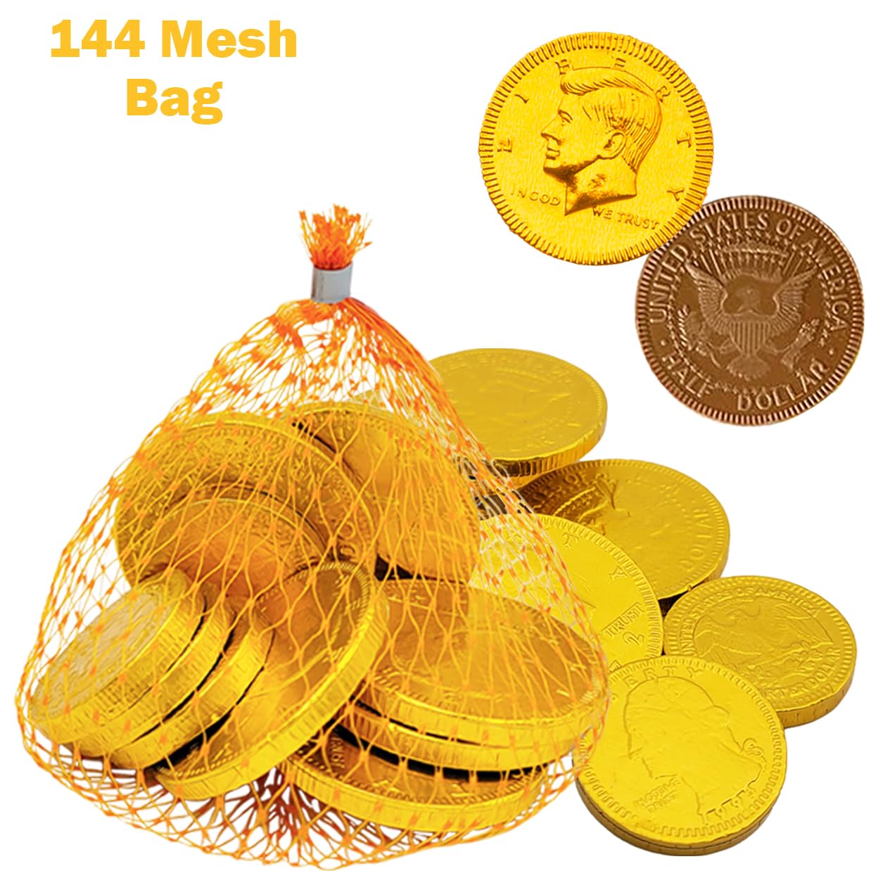 Fruidles Chocolate Coins In Mesh Bags, 10 Belgian Milk Chocolate Half-Dollar Gold Coins Per Mesh Bag, Total 216Oz Mesh Bags (144