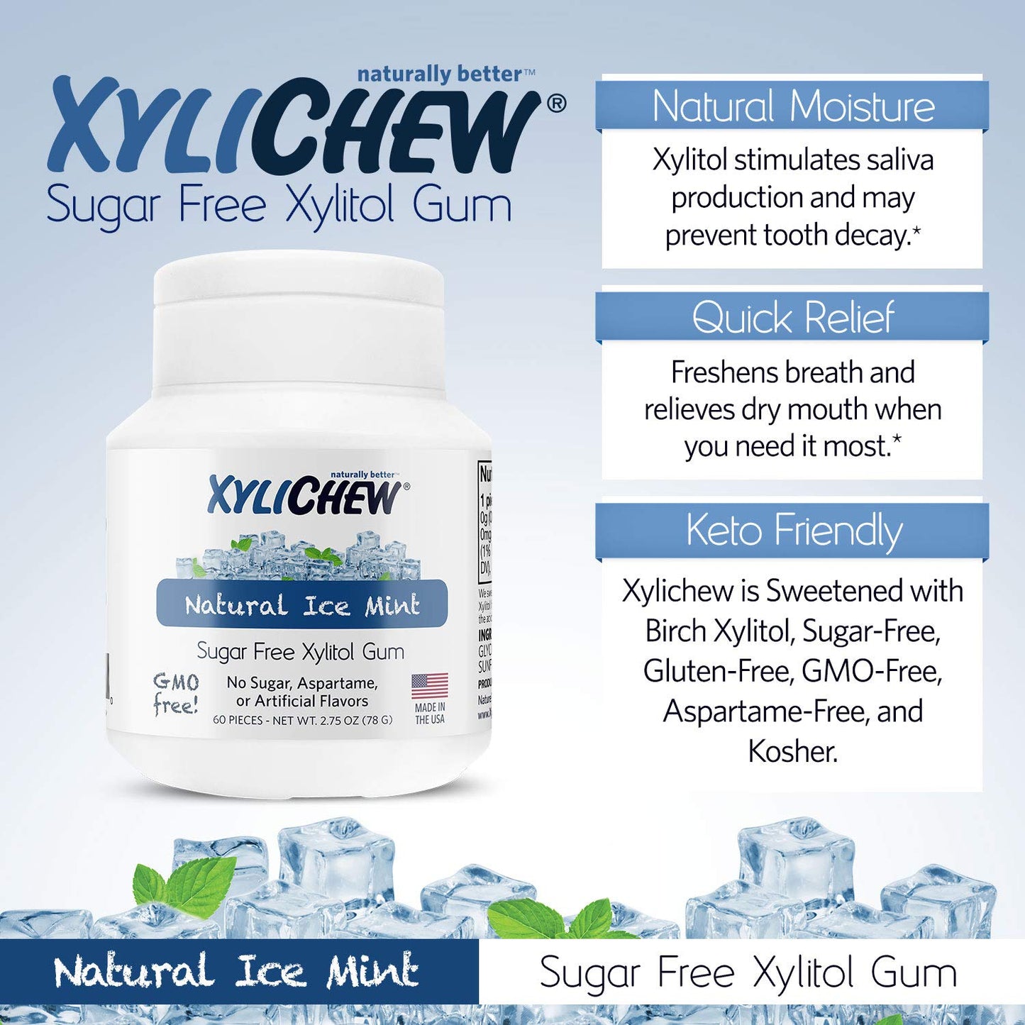 Xylichew Xylitol Chewing Gum - Sugar Free, Non-GMO, Ice Mint, 60 Count
