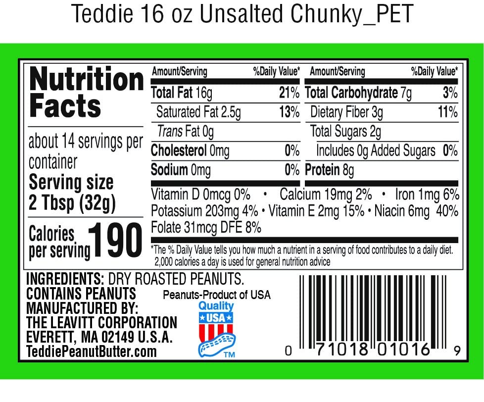 Teddie All Natural Chunky Unsalted Peanut Butter, Gluten Free & Vegan, Plastic Jar (16 Ounce (Pack of 1))
