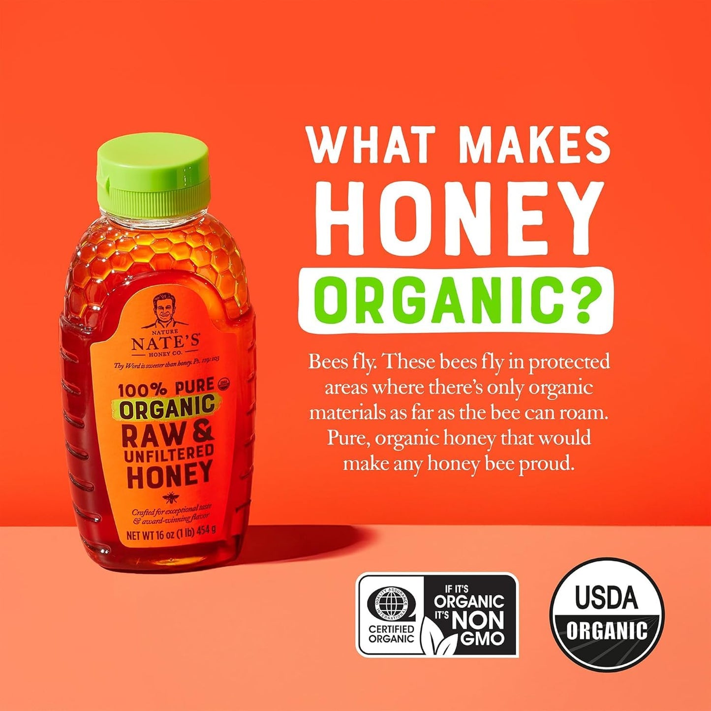 Nates Organic 100% Pure, Raw & Unfiltered Honey - USDA Certified Organic - 16oz. Squeeze Bottle