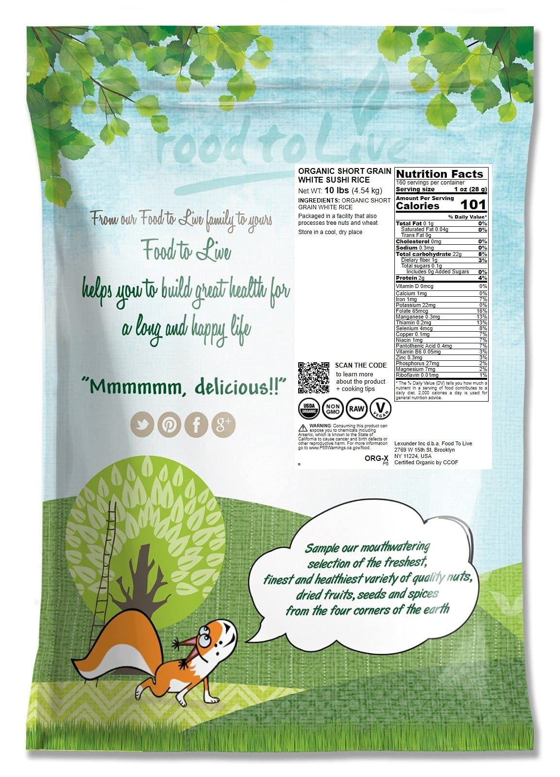 Food To Live Organic Short Grain White Sushi Rice, 10 Pounds - Non-Gmo Japanese Style Perfectly Sticky Rice, Vegan, Bulk. Easy T