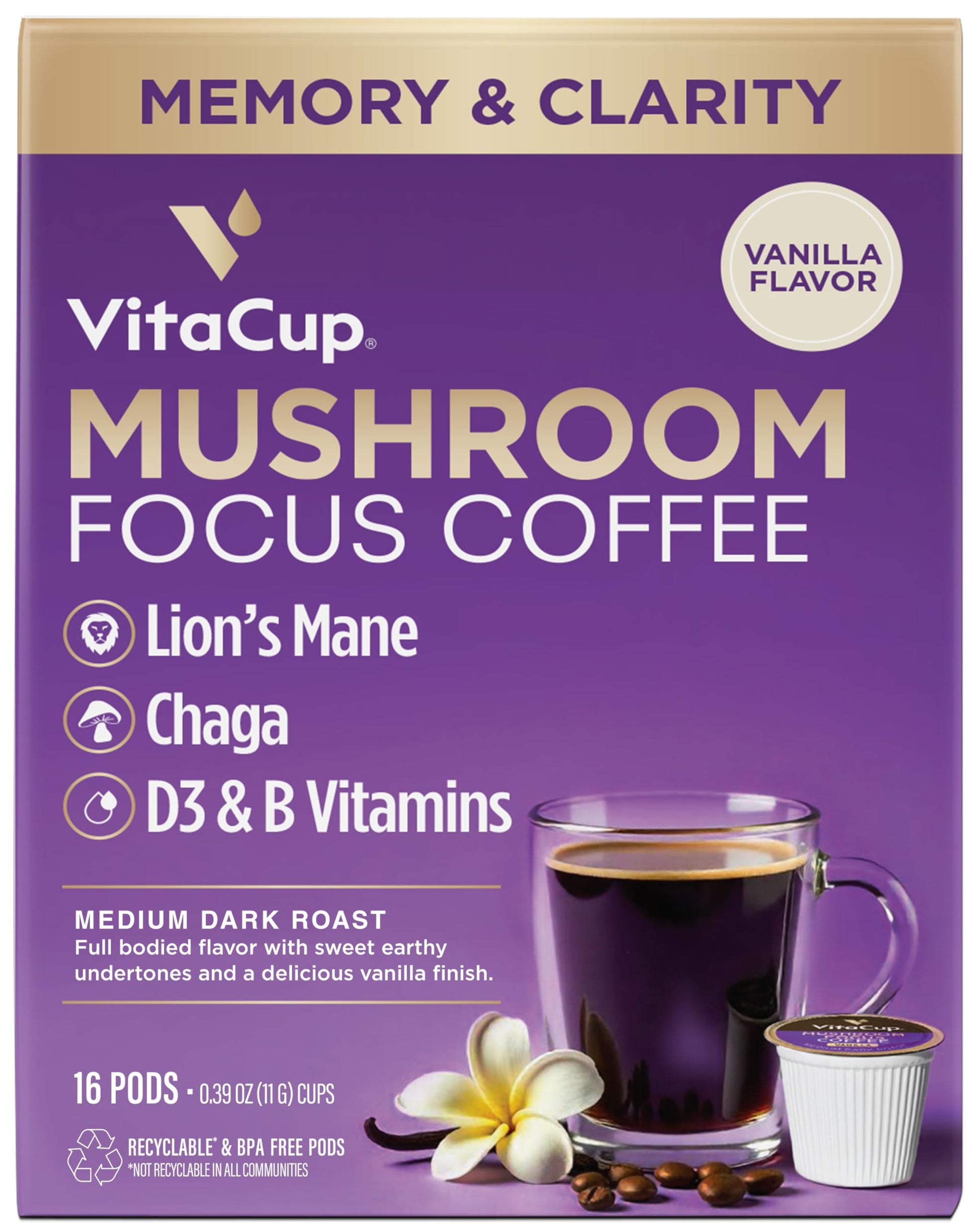 VitaCup Focus Mushroom Coffee Pods  Vanilla Flavored Coffee with Chaga  Lions Mane  Vitamins  Medium Dark Roast Arabica Beans  Recyclable Single Serve Pods Compatible with Keurig K-Cup malt-inspired  16 Ct