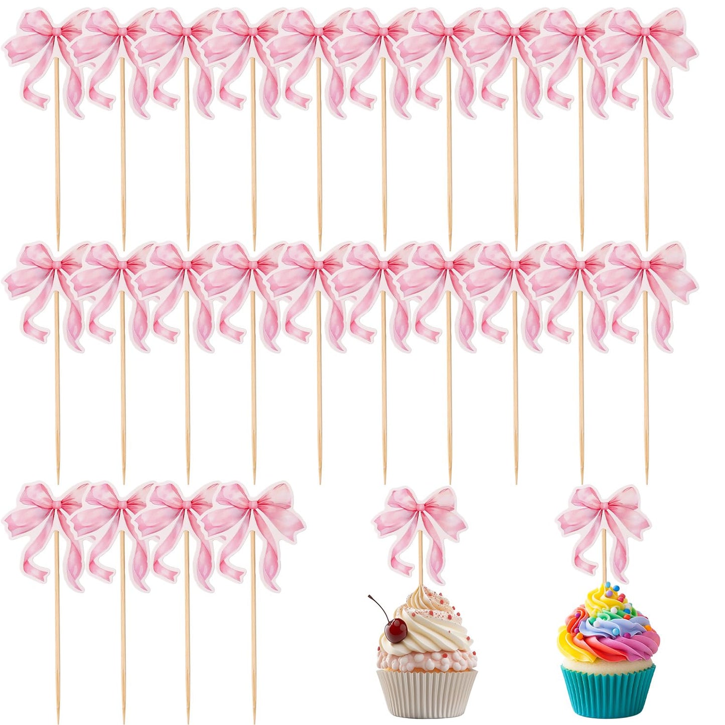 PEUTIER 24pcs Pink Bow Cupcake Toppers, Paper Bowknot Dessert Picks for Cake, Princess Girls Birthday Party, Model 18100