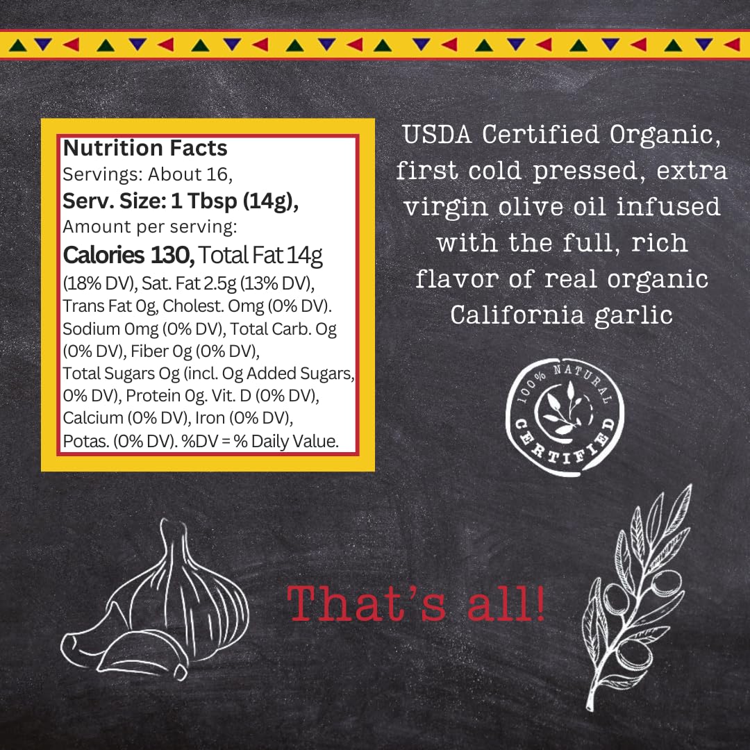 Premium Certified Organic Extra Virgin Olive Oil Infused with Garlic, Low FODMAP, Garlic Gold (8.44 fl oz)