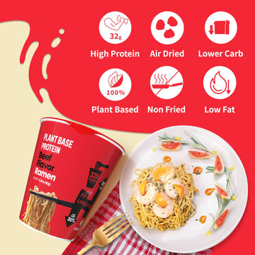 Hethstia High-Protein Ramen Beef Soup Cups - 6 Pack Instant Ramen Spicy Beef Flavor, 32G Plant-Based Protein, Vegan, Air-Dried,
