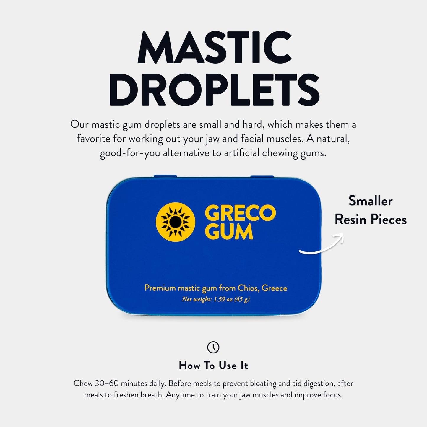 Greco Gum - Mastic Gum Droplets - Small Pieces Hard Chewing Gum for Jawline Training, Digestive Support, Bloating Relief - Piney