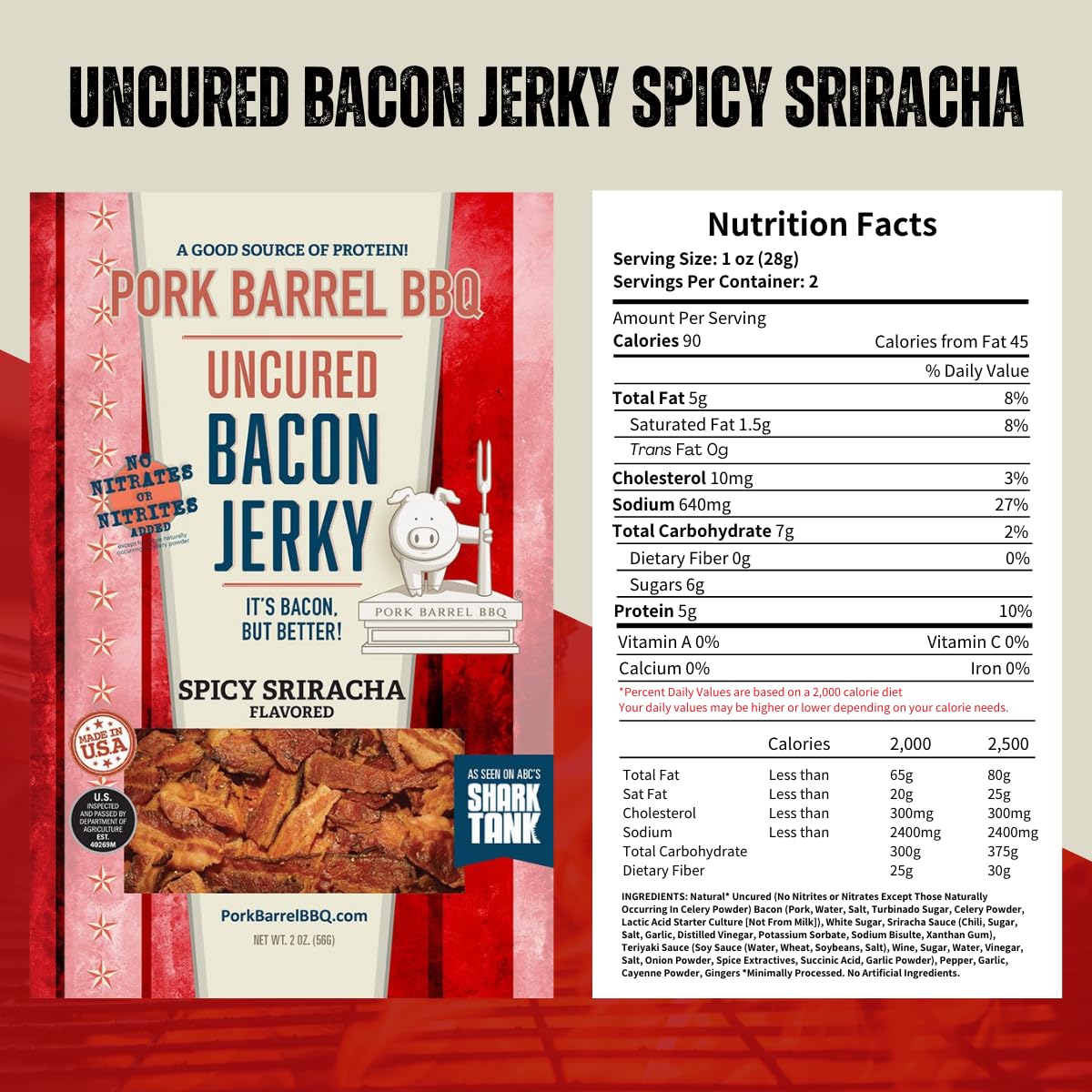 Pork Barrel BBQ Spicy Sriracha Bacon Jerky, Nitrate & Nitrite Free, Gluten Free, 2 oz, Uncured Snack