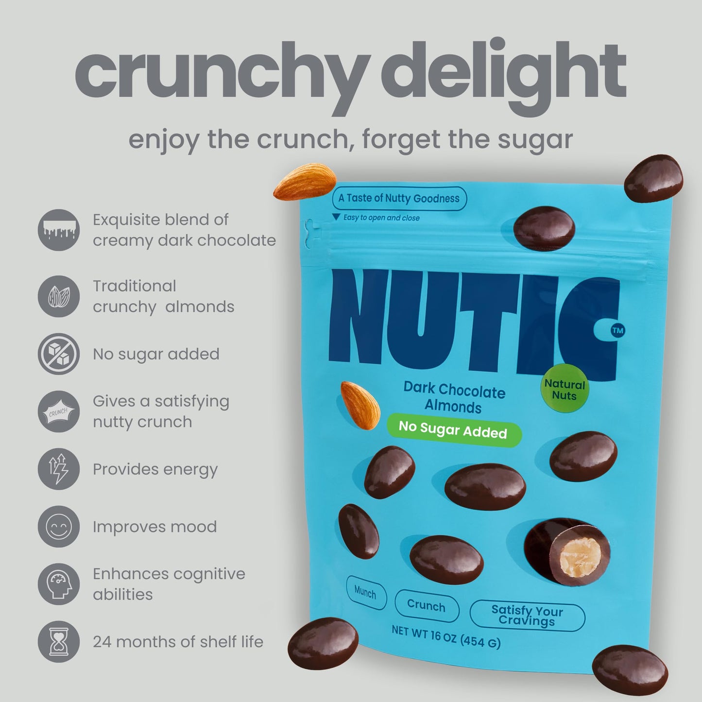 Nutic Sugar-Free Dark Chocolate Almonds - 2 Lb. Keto-Friendly, No Sugar, Gluten-Free, Health-Conscious Individuals & Low Carb Di