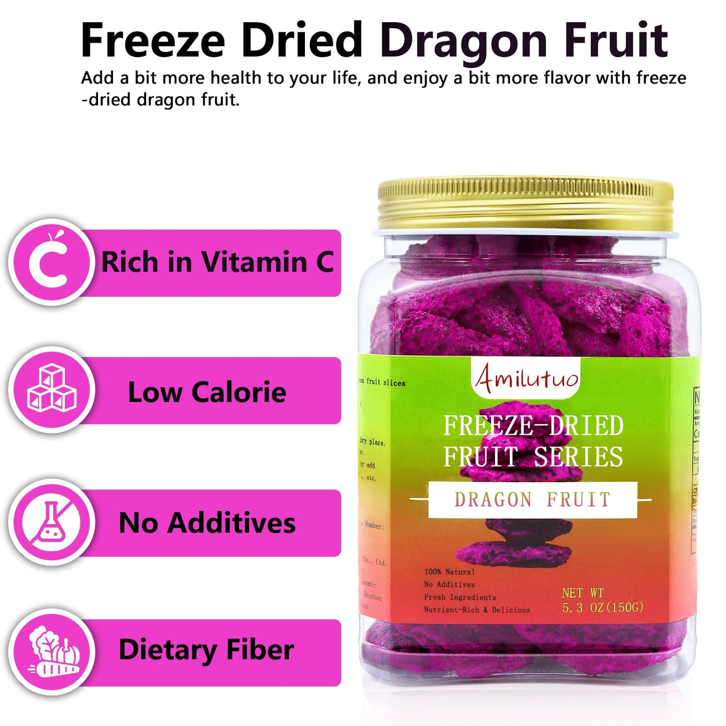 Freeze Dried Diced Dragon Fruit, Freeze Dried Fruit, 150G/5.29Oz Frozen Dragon Fruit Chunks, No Additives, Natural, No Added Sug