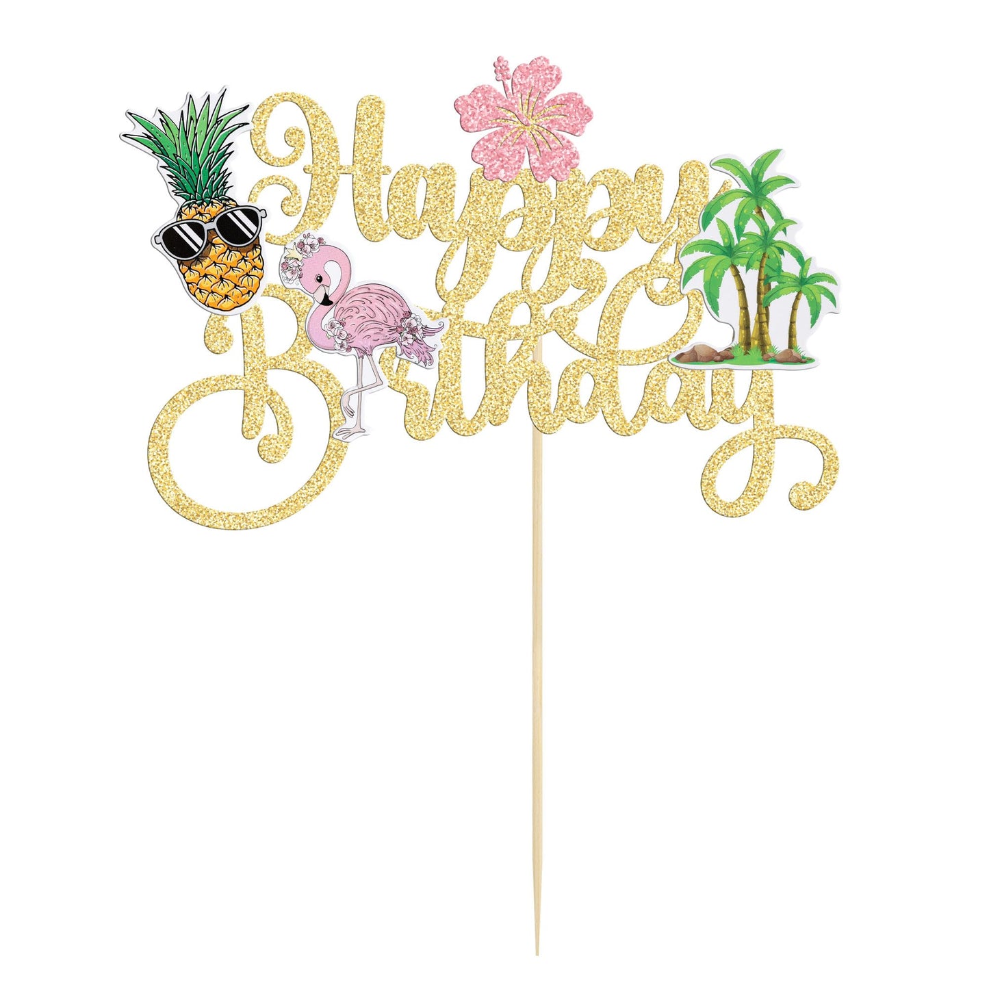 Gyufise 1Pcs Happy Birthday Cake Topper Tropical Hawaiian Luau Cake Pick Glitter Flamingo Flower Plam Leave Pineapple Cake Decor