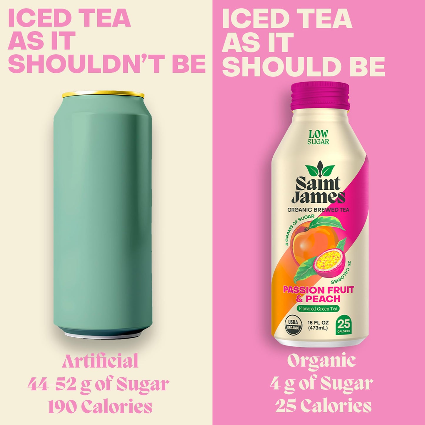 Saint James Iced Tea - Organic Green Tea - Non Gmo, Gluten Free, Low Calorie & Low Sugar - Passion Fruit & Peach, 12 Pack (16 Fl