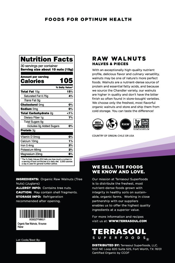 Terrasoul Superfoods Organic Raw Walnuts, Chandler Variety, 1 Lb (Pack of 3)