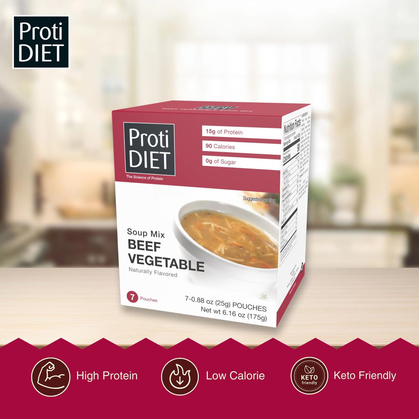 Protidiet High Protein Beef Vegetable Soup Mix, Low Calorie, No Fat, Sugar-Free, Quick And Easy-To-Prepare Satisfying Meal Replacement Protein Powder Soup Mix With Collagen- 7 Soup Mix Pouches Per Box