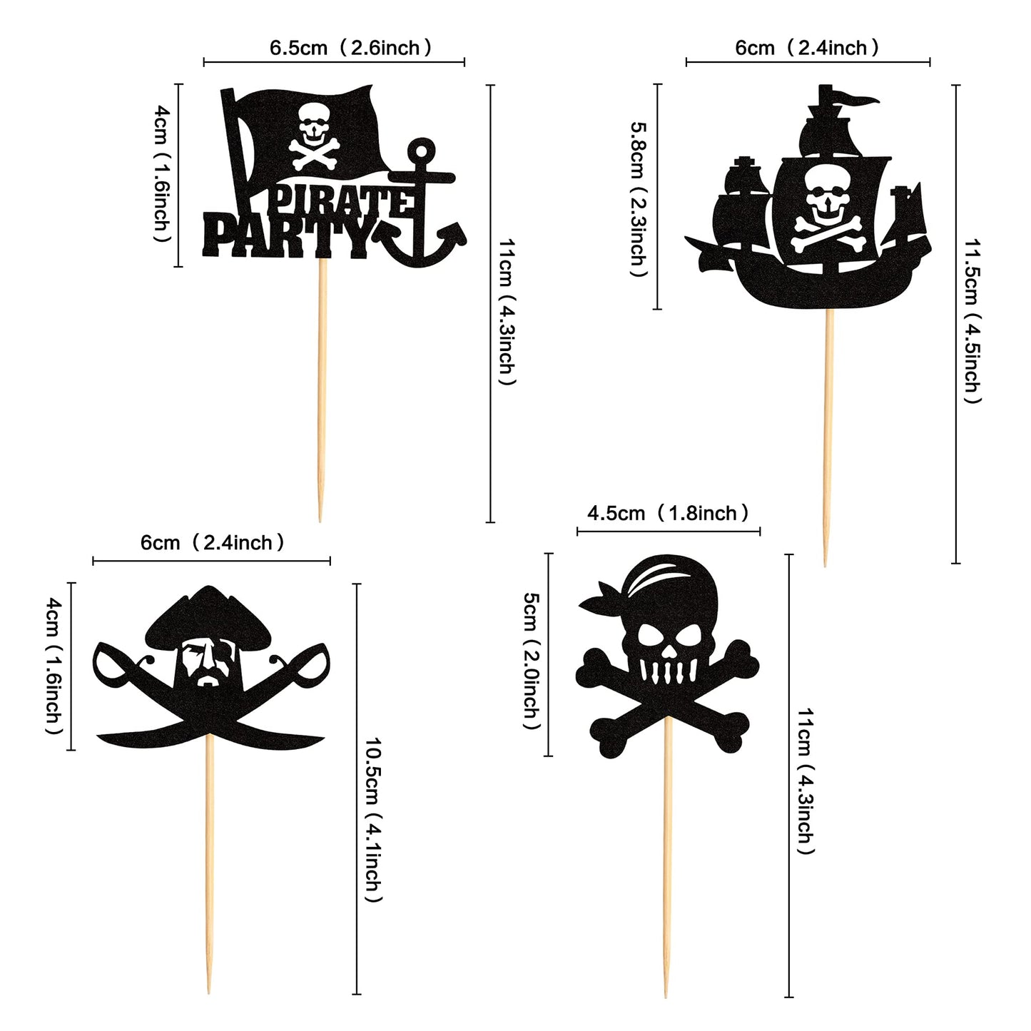 Ercadio 24 Pack Pirate Cupcake Toppers Black Glitter Nautical Sailing Cupcake Picks Pirate Theme Baby Shower Kids Birthday Party