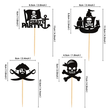 Ercadio 24 Pack Pirate Cupcake Toppers Black Glitter Nautical Sailing Cupcake Picks Pirate Theme Baby Shower Kids Birthday Party