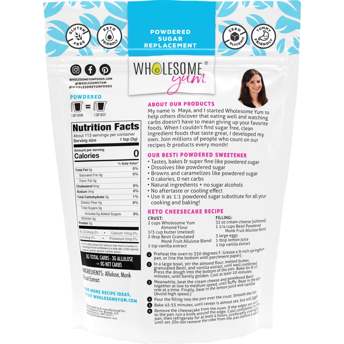 Wholesome Yum Besti Natural Powdered Sugar Substitute - Keto Monk Fruit Sweetener Blend with Allulose, 12 oz, Zero Carb, No Aftertaste