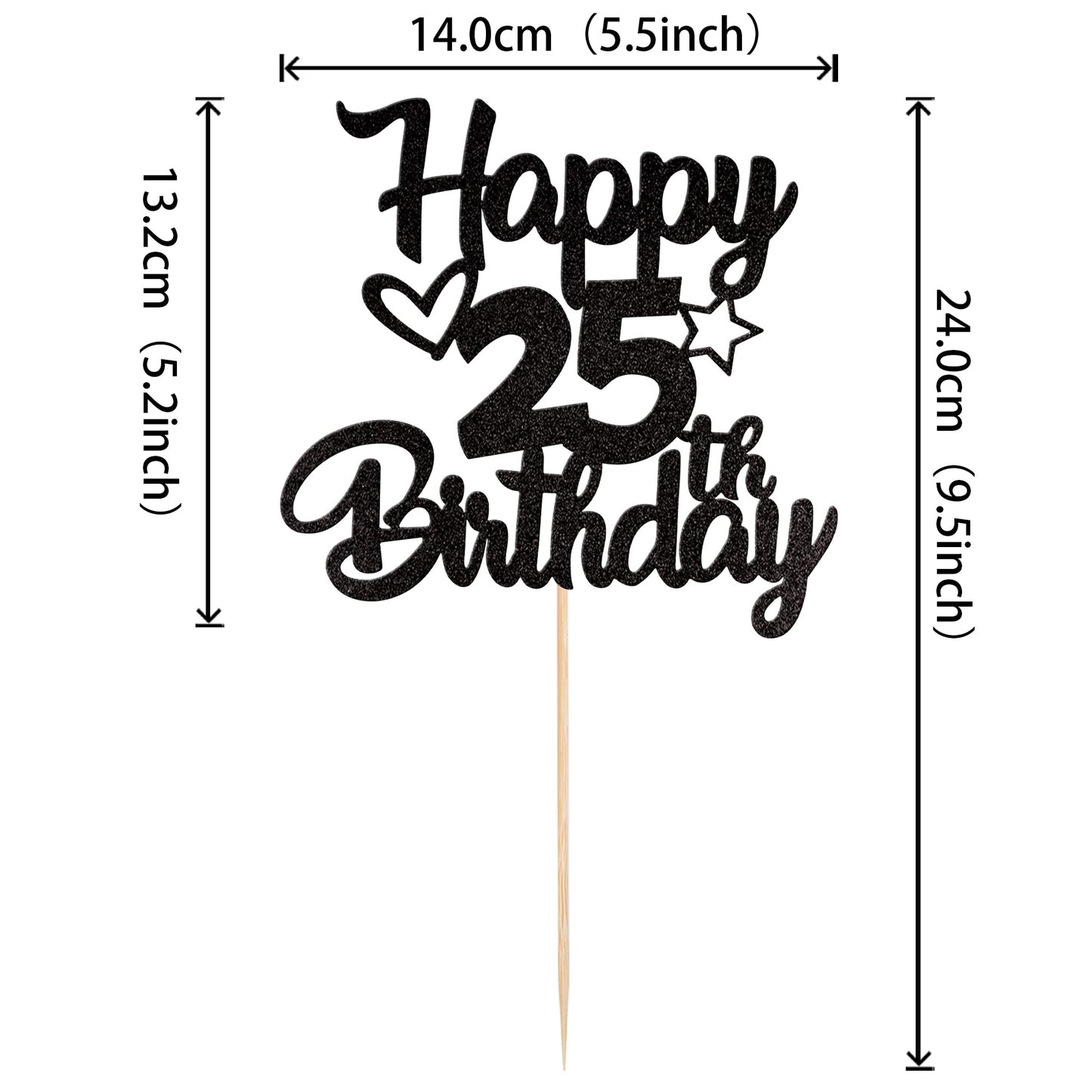 YCTHUNFISH 25th Birthday Cake Topper Glitter Heart Star Decoration Black Bamboo