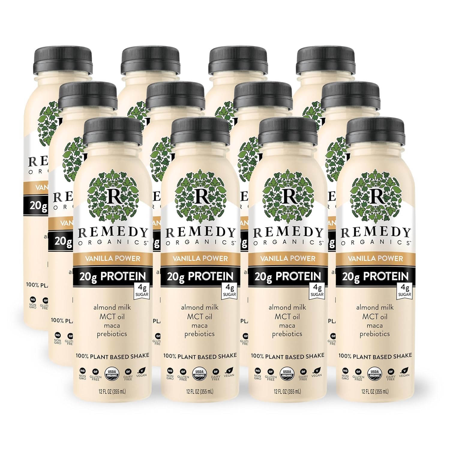 Remedy Organics Vanilla Dream Power Protein Shakes, 12-Pack, Plant Based, USDA Organic, Vegan, Gluten Free, 12 Fl Oz Bottles