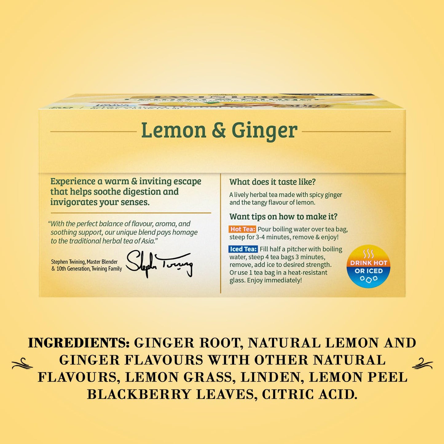 Twinings Lemon & Ginger Herbal Tea - Caffeine-Free, 50 Individually Wrapped Bags